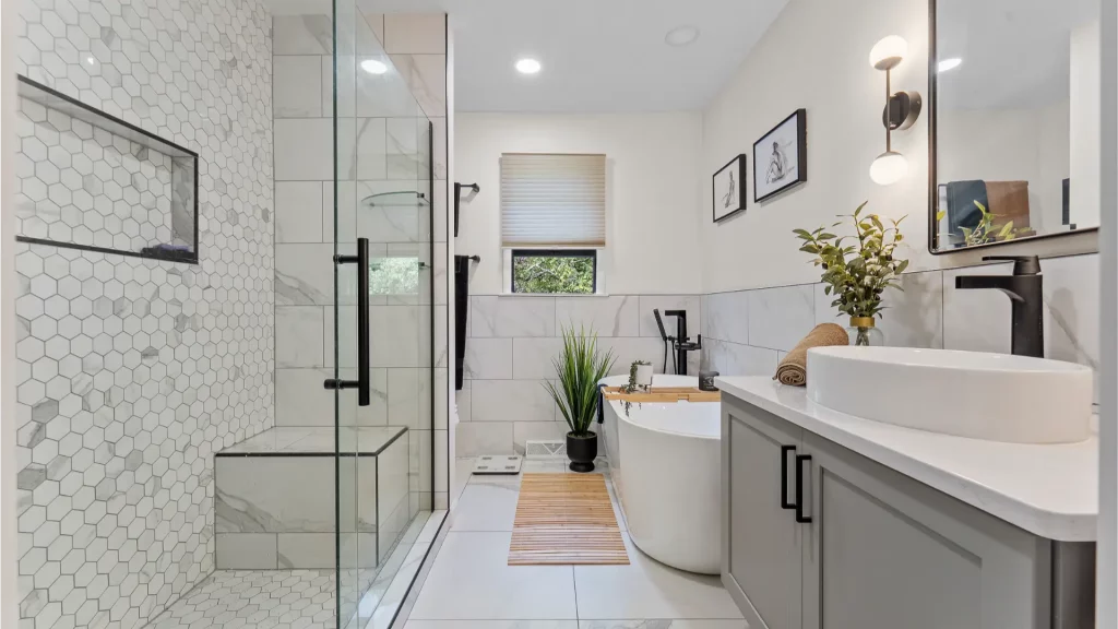 Modern Neutral Bathroom with Luxurious Fixtures Creating a Serene Ambiance, Perfect for Relaxation.