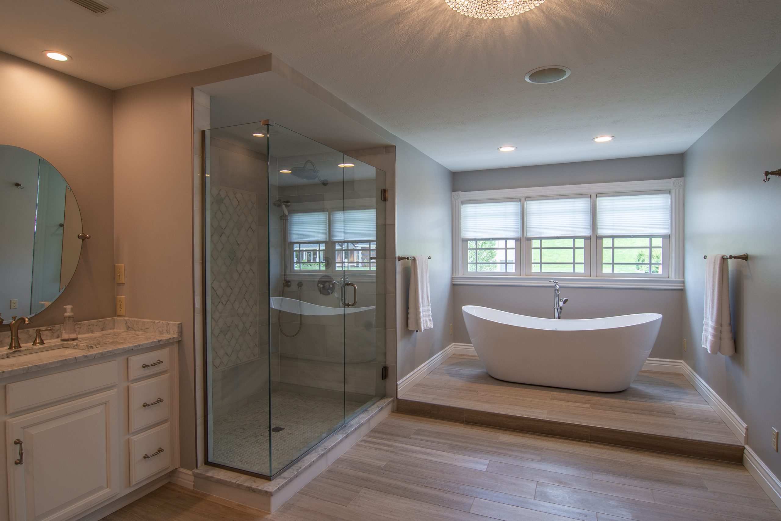 Gibsonia Bathroom Combining Warm & Cool Colors with Grey -White marble & Limestone Chenille Floor