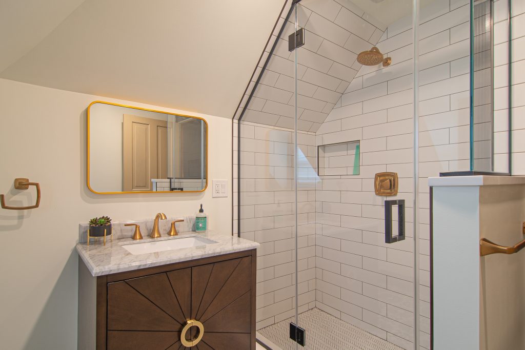 Eclectic Bethel Park Master Bath with Geometric Architectural Lines and Metal Finishes