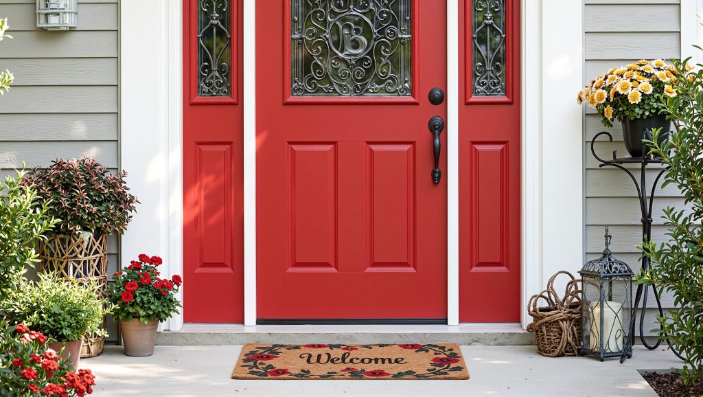 Picture of an eye-catching red front door installed in the entryway of a Mt. Lebanon, PA, home.