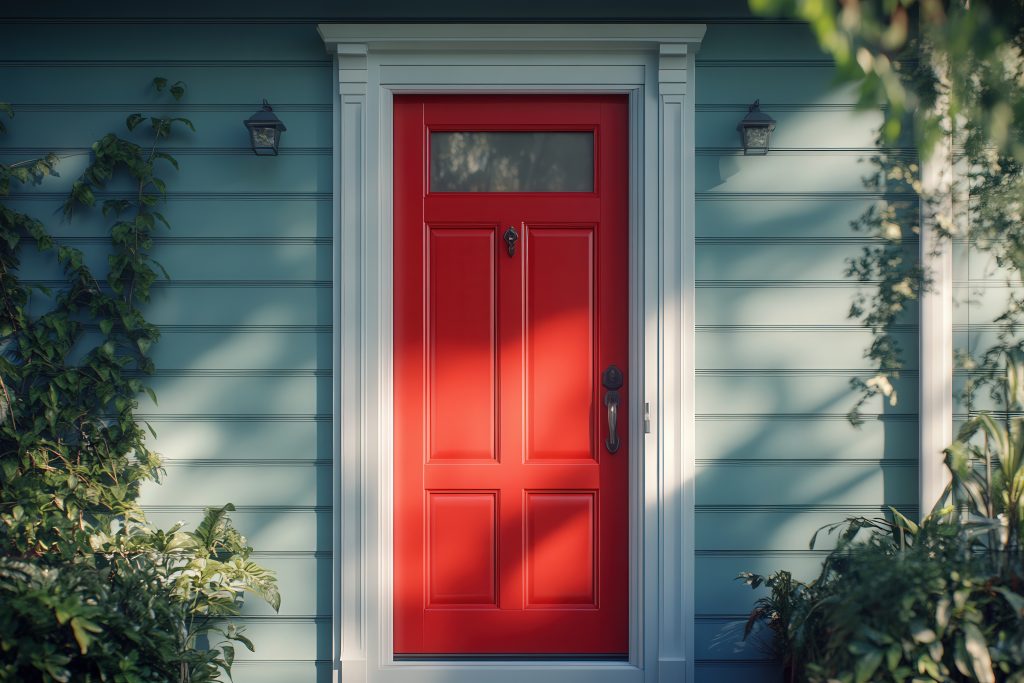 Picture of an eye-catching red front door installed in the entryway of an Upper St. Clair, PA, home.