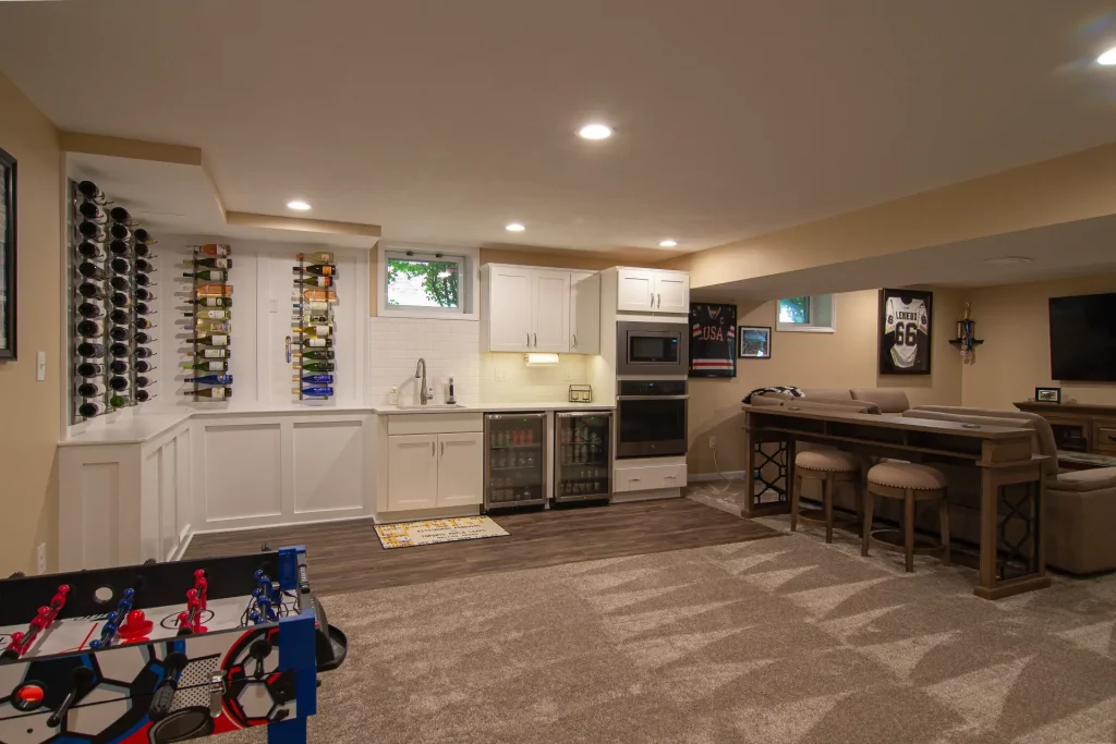 Fun Basement Any Sports Fan Would Love Including Kitchenette for Entertaining.