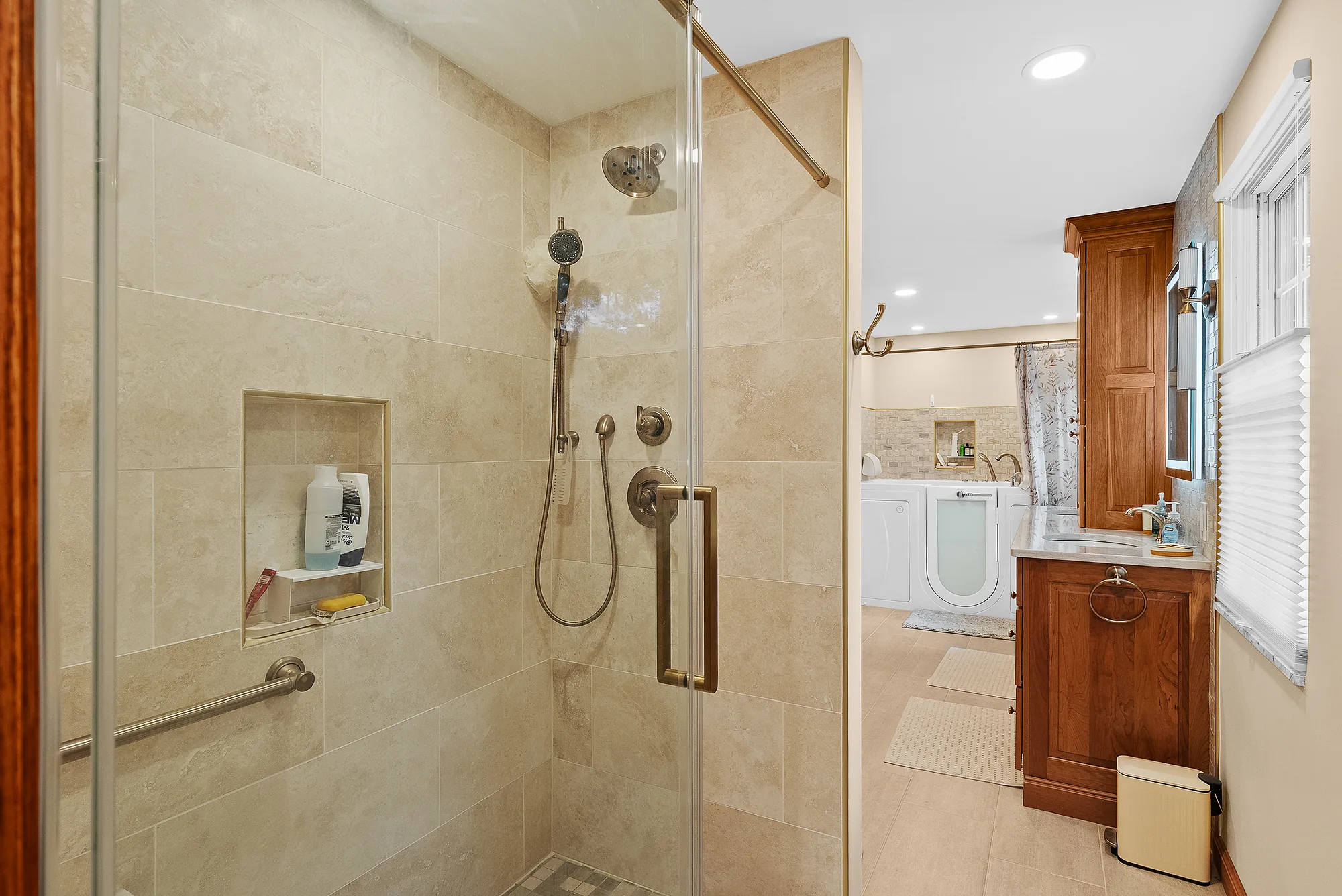 Ross Twp Master Bathroom Featuring Custom Wood Vanity and Stone Finishes