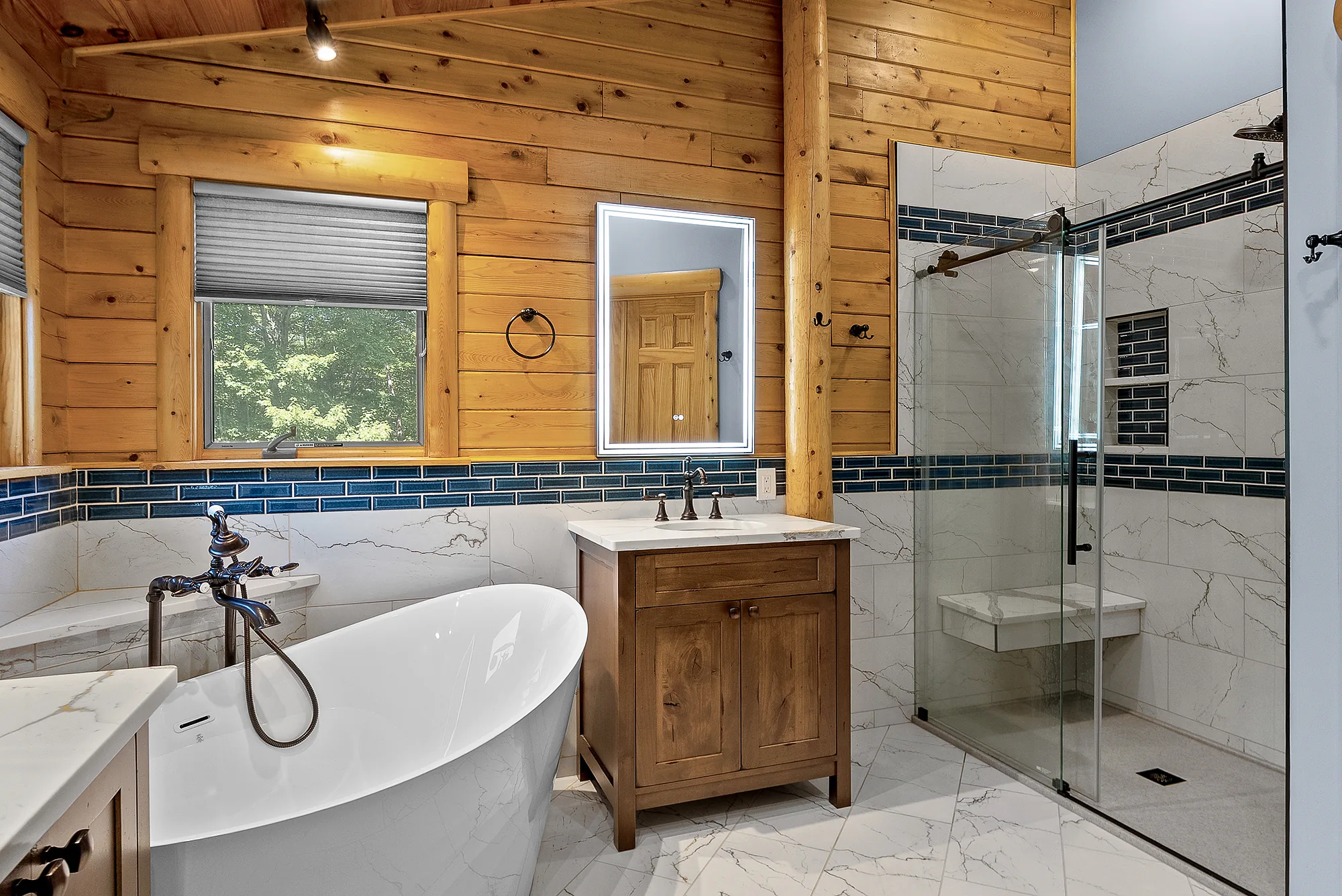 Transitional Style Sewickley Bathroom with Free Standing Tub, Glass
-
Enclosed
Shower and Marble Flooring
