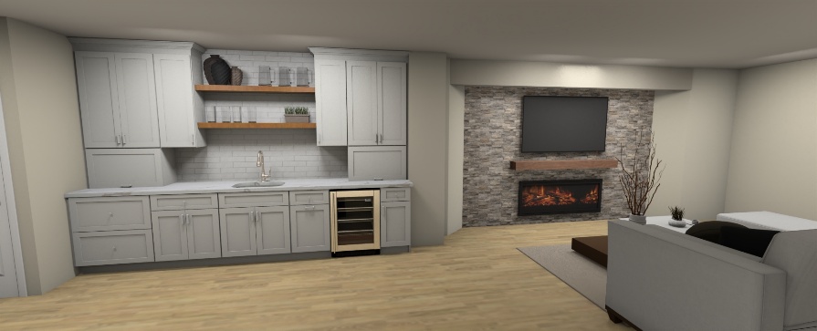 3D basement design rendering with built-in cabinetry, a wet bar, fireplace, and lounge seating.