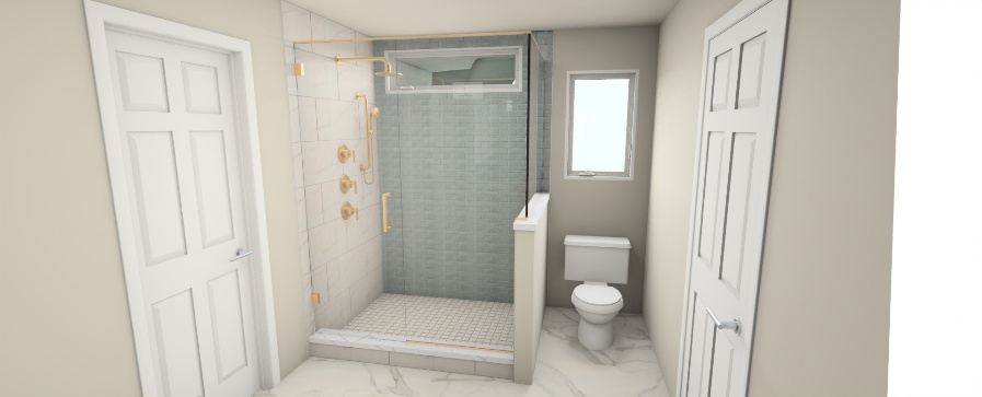 3D bathroom design rendering with a walk-in shower, glass enclosure, gold fixtures, and marble-look tile.
