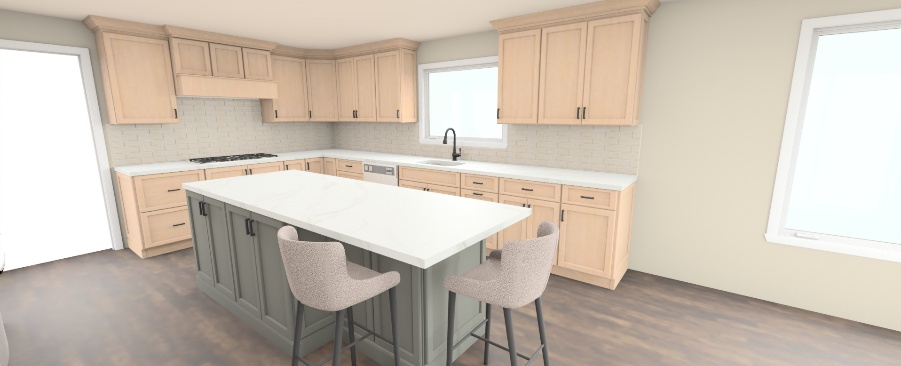3D kitchen design rendering with light wood cabinetry, a gray island, white countertops, and seating.