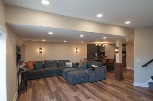Traditional finished Murrysville Basement using Warmer Tones throughout.